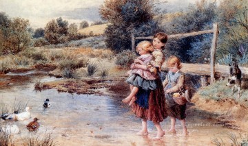 動物 Painting - 小川で漕ぐ子供たち ビクトリア朝時代のマイルズ・バーケット・フォスターのペットの子供たち